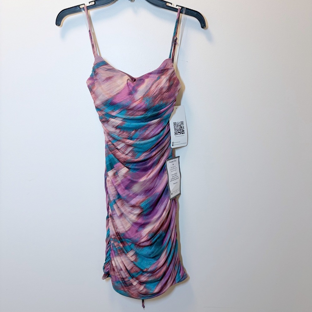 Emerald Sundae Purple Teal Abstract Mesh Ruched Bodycon Mini Dress Lace Up Back
